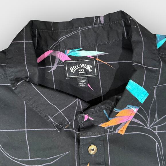Billabong Mens XL Hawaiian Shirt Black Floral Plaid Button Up Button Down Surf - Picture 3 of 7